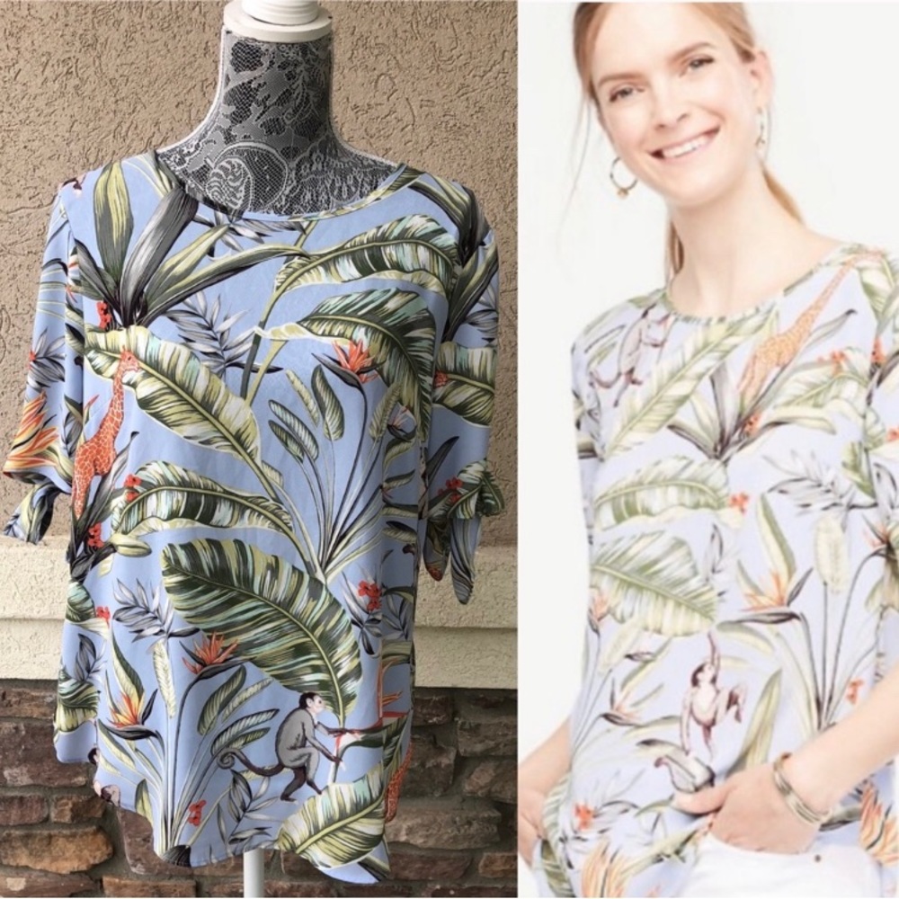 Ann Taylor Jungle Animals Print Tie Sleeve Blouse
